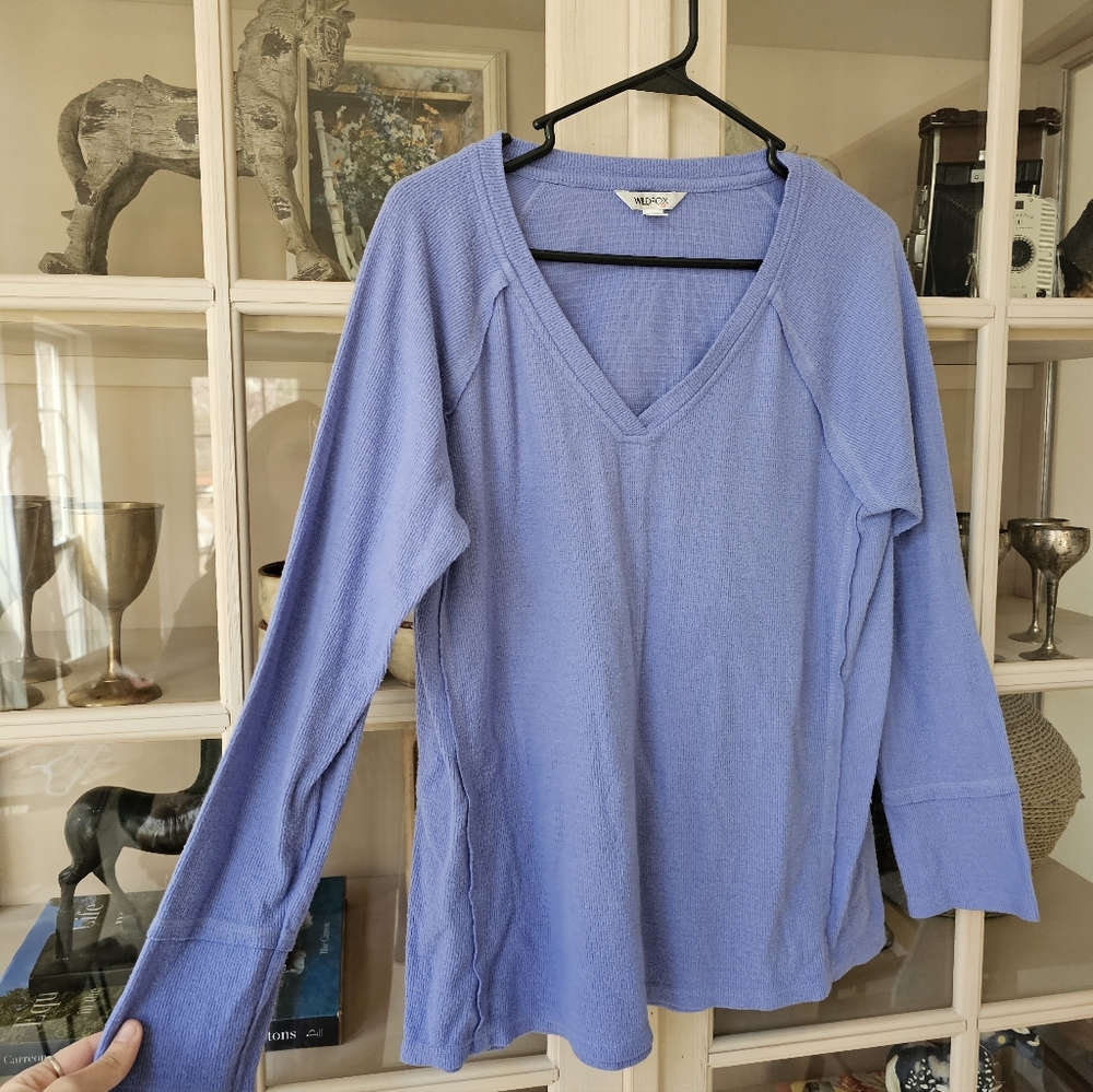 Wildfox Waffle Knit Haley Soft Brushed Top Periwinkle Long Sleeve V-Neck Top - Picture 4 of 13